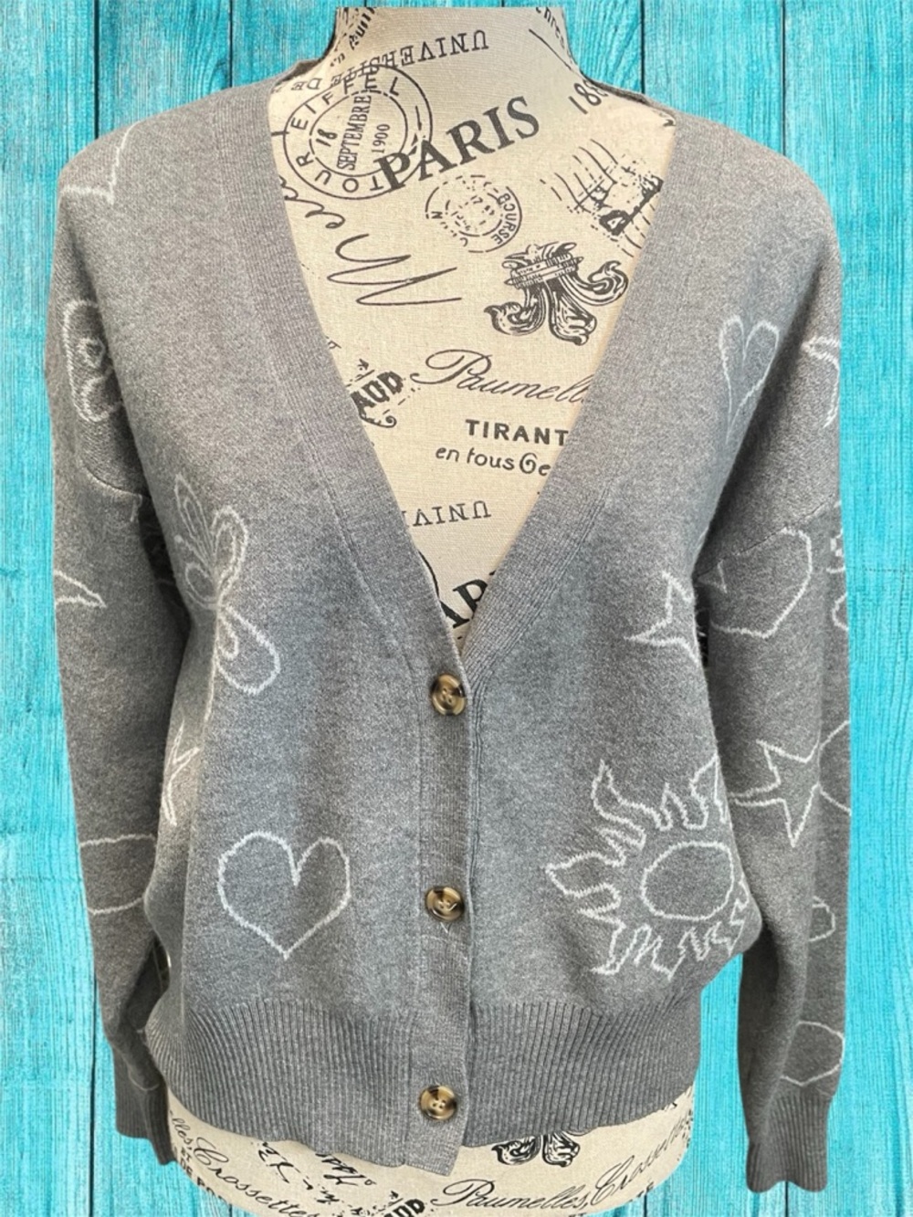 No Boundaries Gray Knit Button-Up Cropped Cardigan with White Motifs